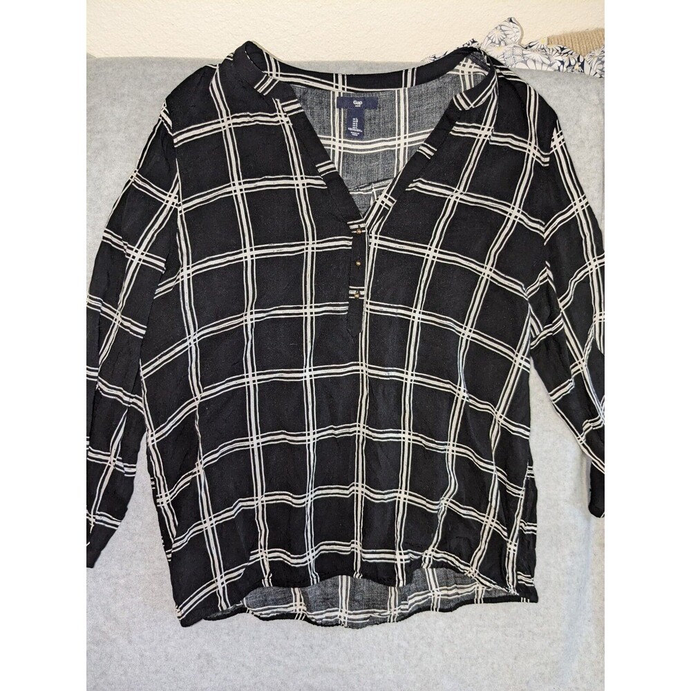 Gap Women's Large L Boyfriend Fit Tunic Button Blacl White Plaid Popover